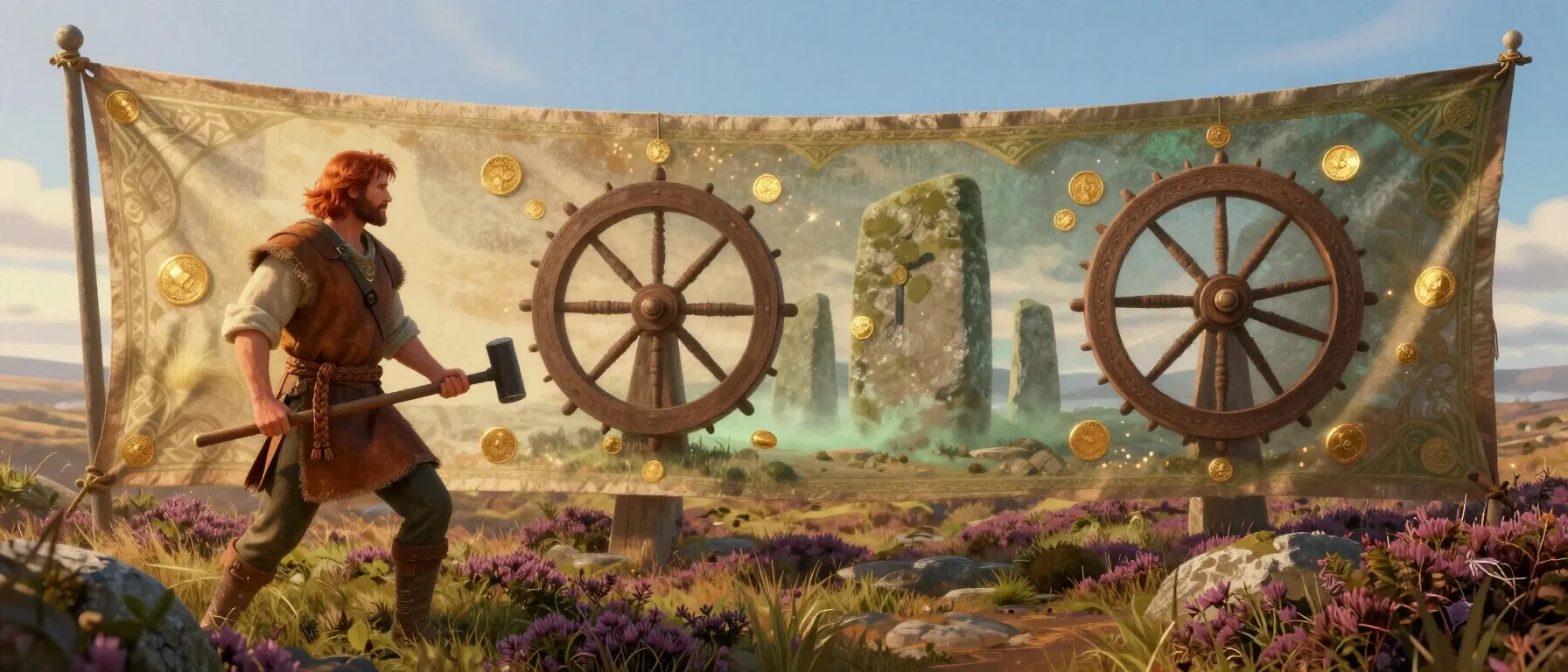 Spin Station free spins shown as golden tokens around spinning wheels